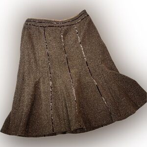 Luisa Cerano Wool Silk Blend Midi Skirt – Size 10 – Brown Tweed with Velvet Trim